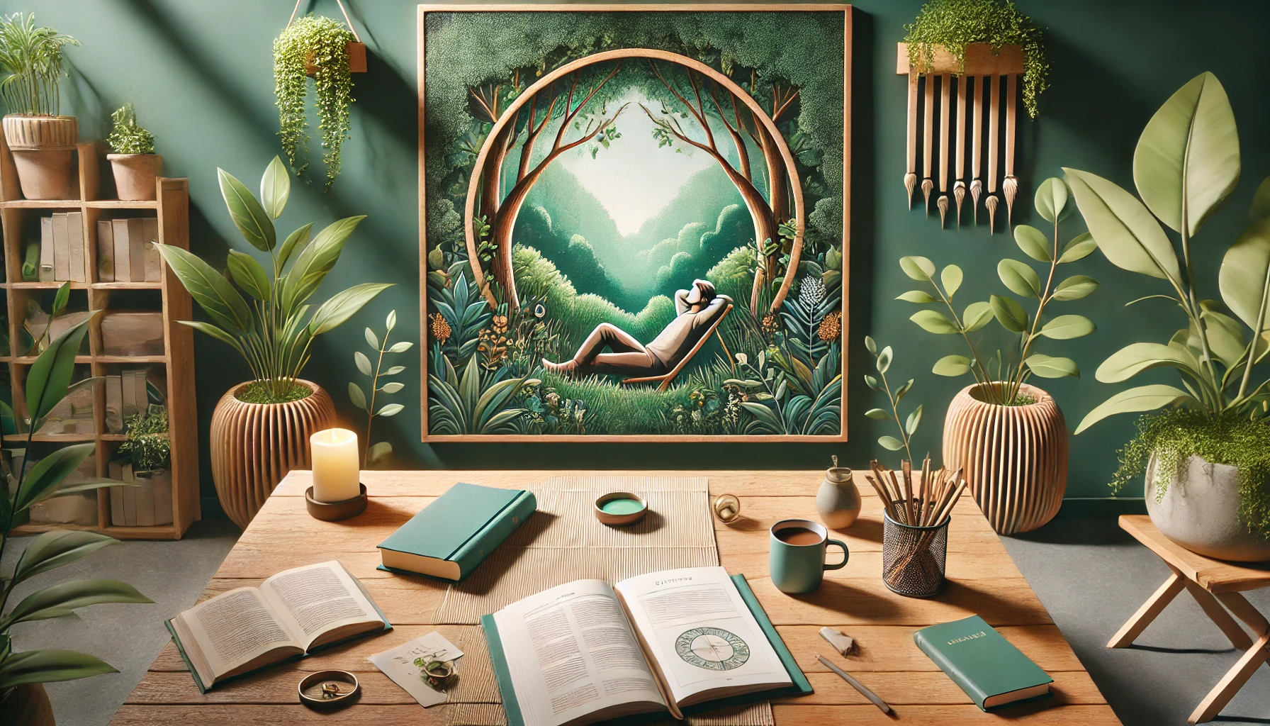 Cena tranquila com uma pessoa relaxando em ambiente natural, ao lado de uma mesa organizada com agenda, xícara de chá e livro, simbolizando equilíbrio e práticas de autocuidado.