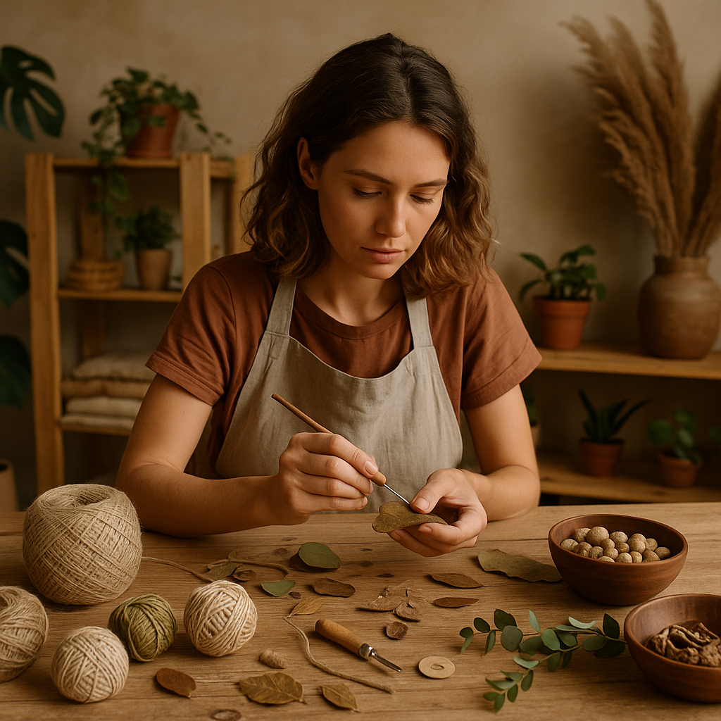 Mulher artesã trabalhando em sua bancada, criando peças com materiais sustentáveis.