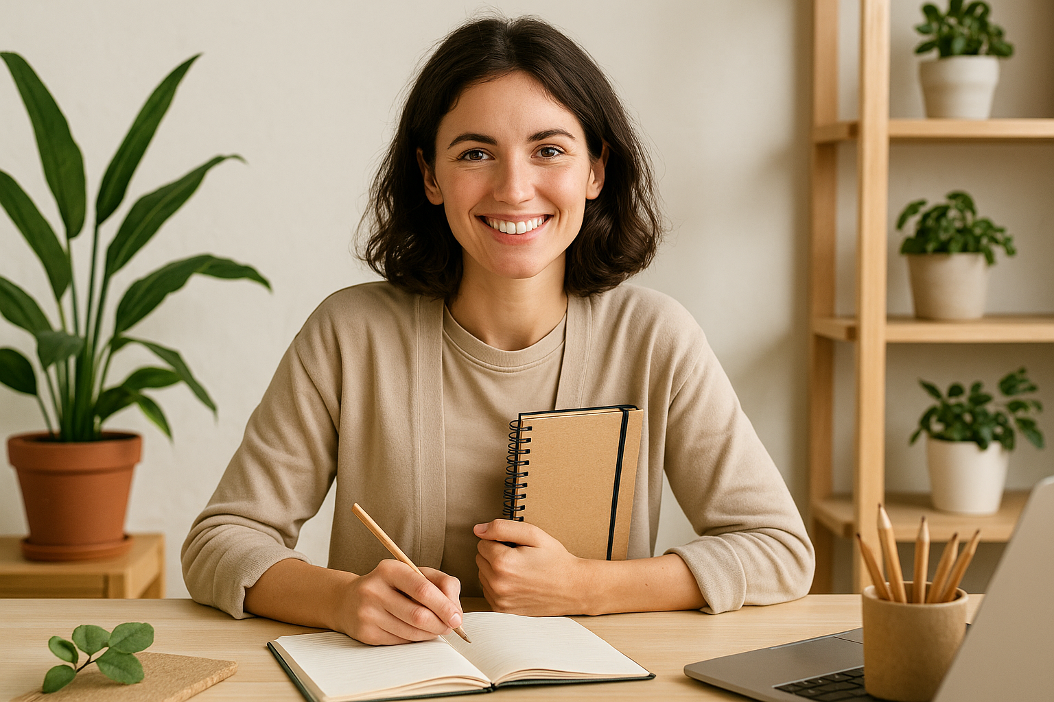 Mulher jovem sorridente em ambiente de trabalho sustentável, rodeada de plantas e materiais ecológicos, representando autenticidade e propósito no branding pessoal.