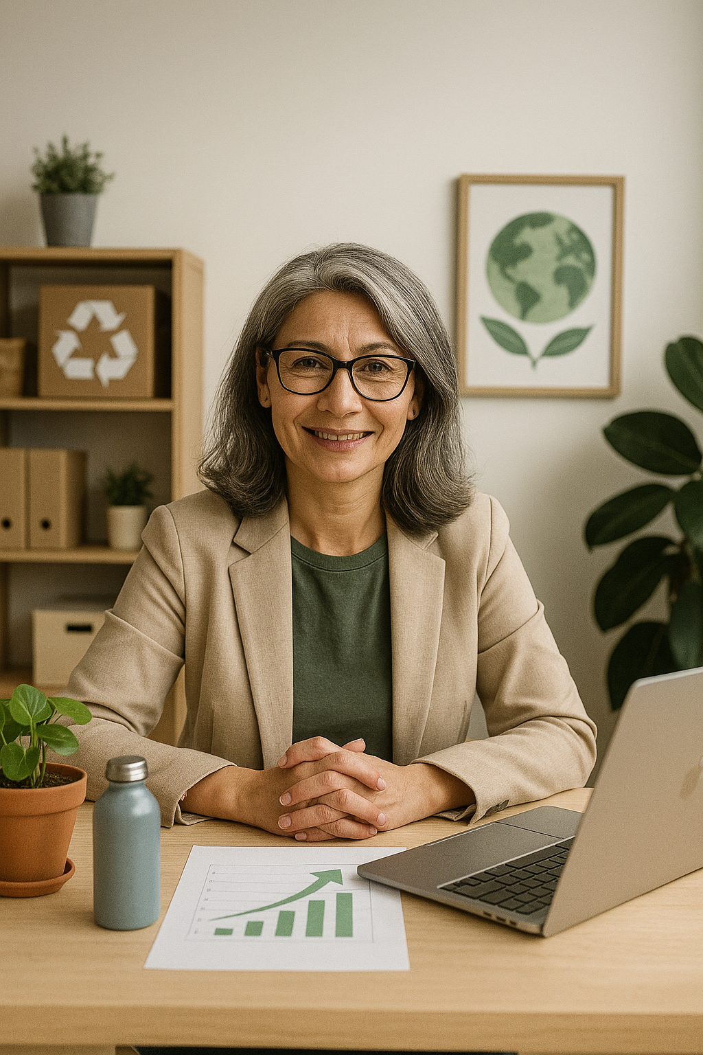 Empreendedora experiente liderando negócio sustentável com impacto positivo