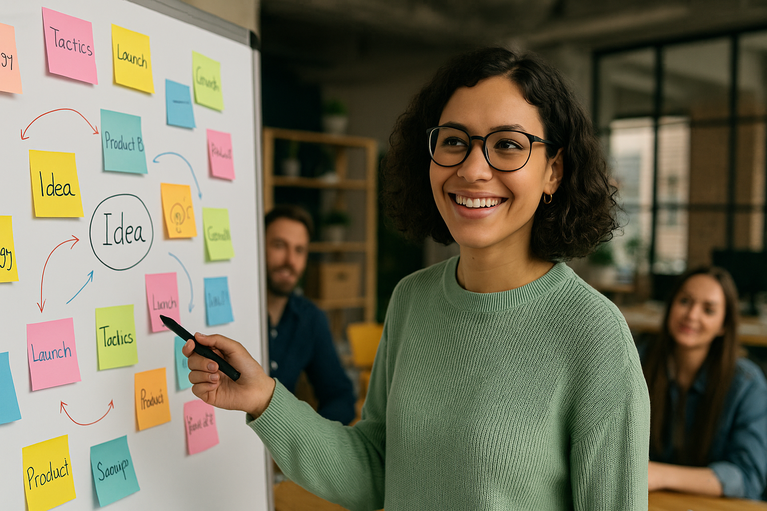 Fundadora de startup planejando ação de marketing de guerrilha com equipe jovem e criativa.