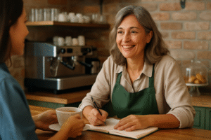 Mulher empreendedora sorridente atendendo cliente em cafeteria aconchegante, com caderno aberto e ambiente acolhedor ao fundo.