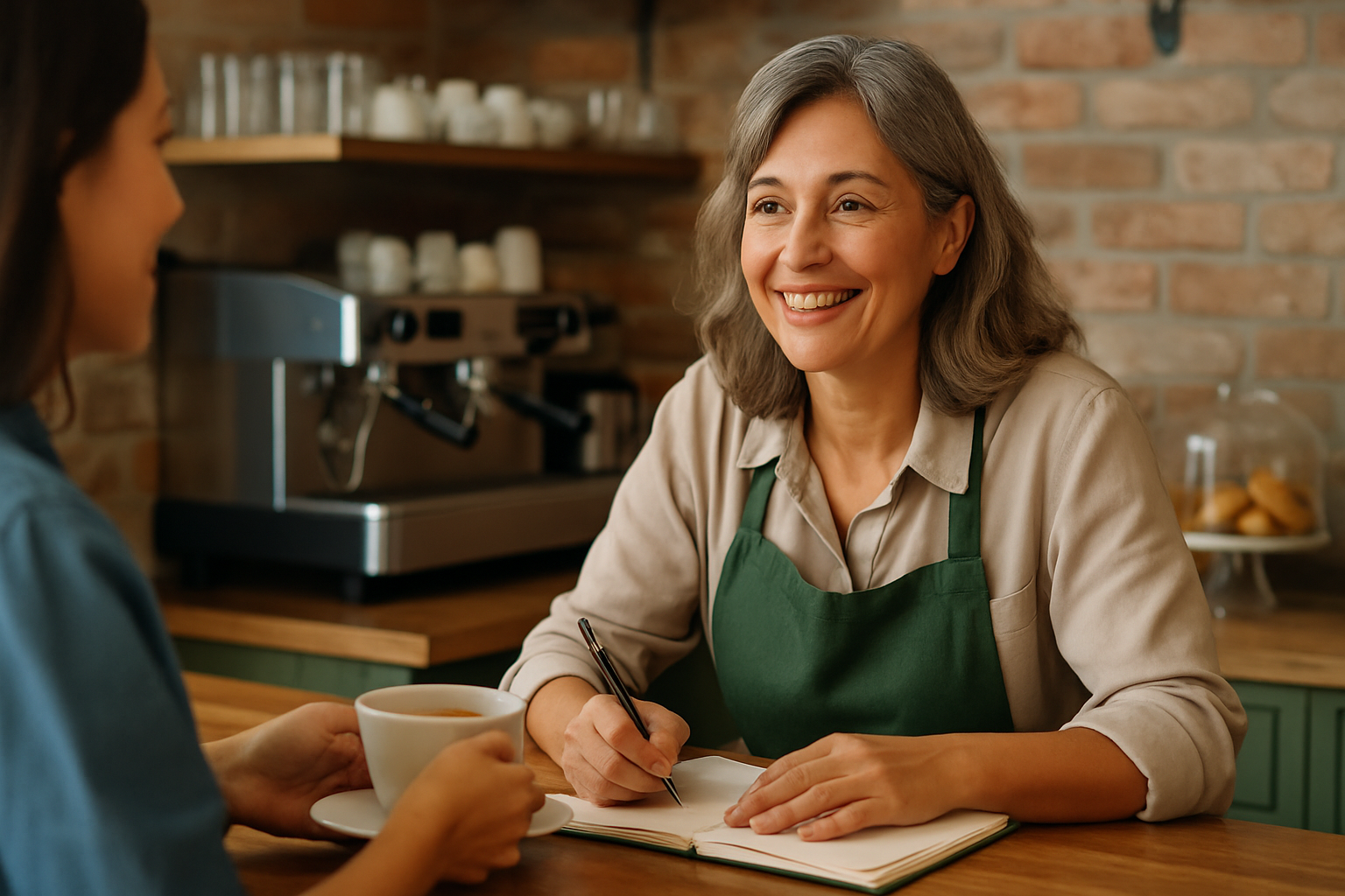 Mulher empreendedora sorridente atendendo cliente em cafeteria aconchegante, com caderno aberto e ambiente acolhedor ao fundo.