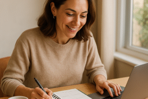 Mulher empreendedora fazendo planejamento simples no laptop e no planner, organizando a rotina do seu negócio.