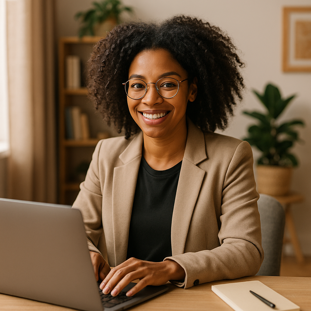 Profissional autônoma sorrindo em seu espaço de trabalho, usando laptop em ambiente acolhedor