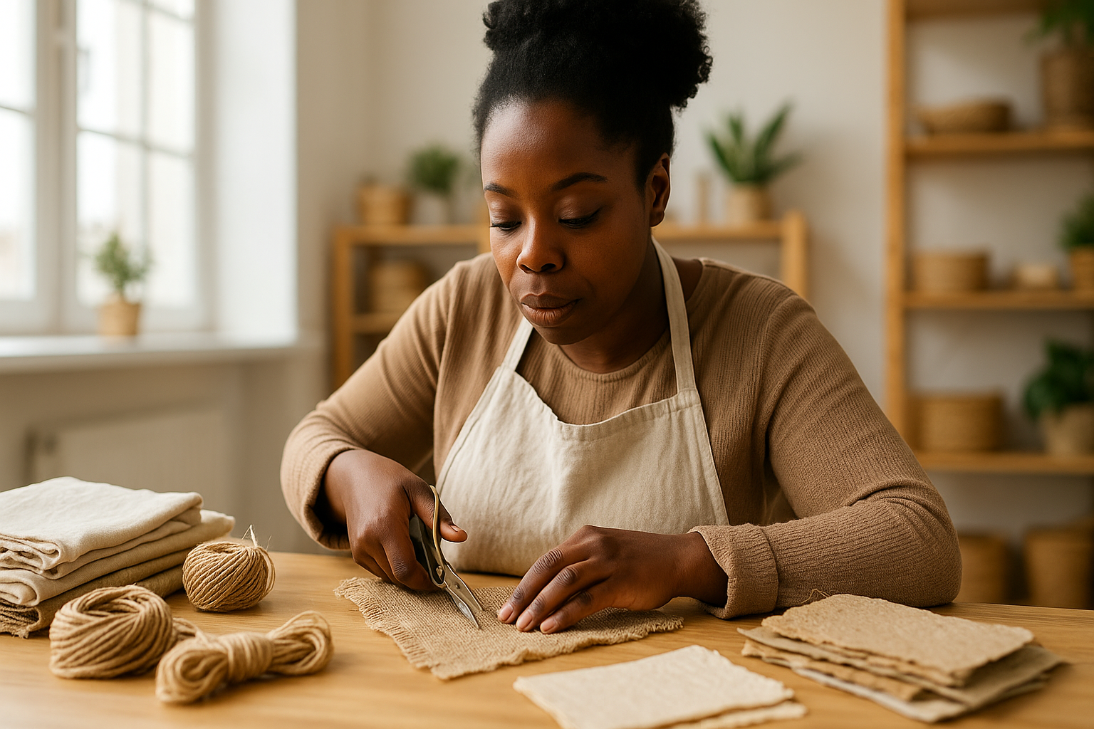 Mulher negra artesã, em um ateliê iluminado, usando avental bege enquanto corta tecido de juta natural sobre uma mesa de madeira, cercada por materiais ecológicos como barbantes, papéis reciclados e tecidos crus, em um ambiente acolhedor e sustentável.