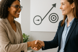 Empresárias celebrando parceria com foco em alinhamento estratégico