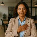 Mulher brasileira de cerca de 45 anos, com expressão confiante, usando blazer bege e camisa azul, em ambiente de escritório moderno e iluminado.
