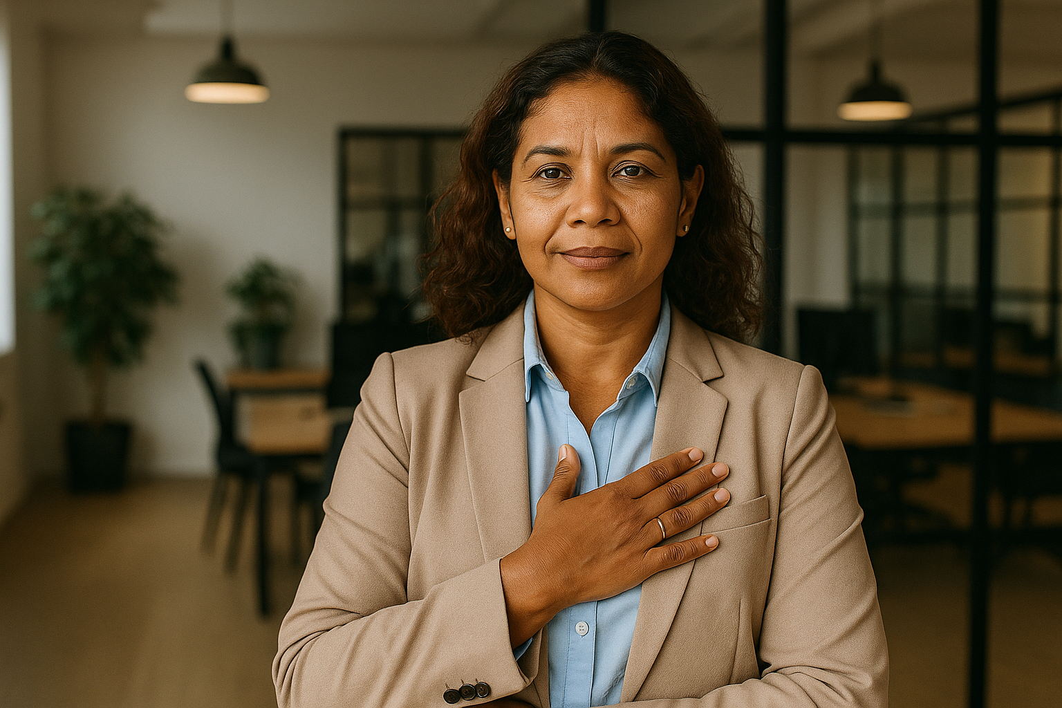 Mulher brasileira de cerca de 45 anos, com expressão confiante, usando blazer bege e camisa azul, em ambiente de escritório moderno e iluminado.