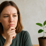Mulher pensativa ao lado de planta refletindo sobre escolhas sustentáveis