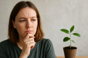 Mulher pensativa ao lado de planta refletindo sobre escolhas sustentáveis